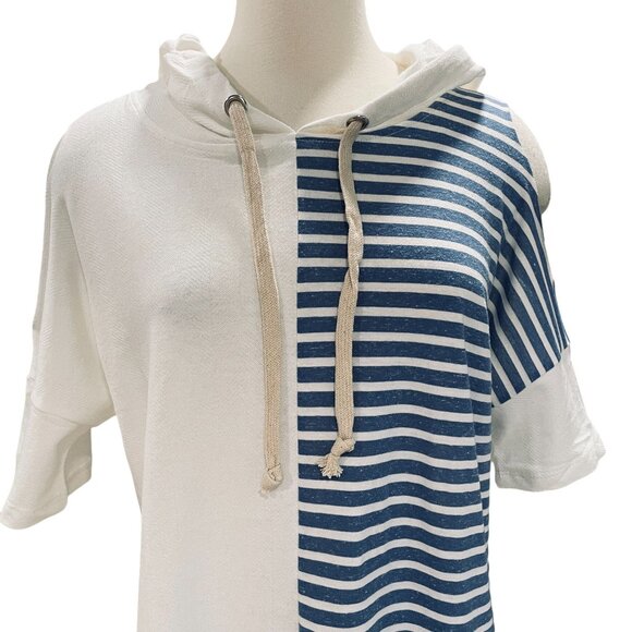 NWT Oversized Hayden LA Hoodie Tee Blue White Stripe Cotton Coastal Boho Top - Picture 7 of 9